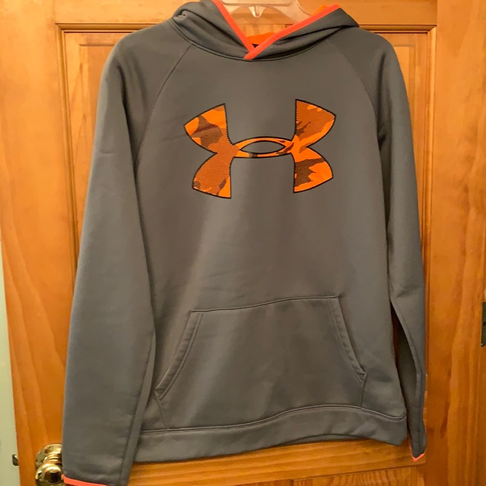 UA hoodie, gray with orange emblem and hood lining